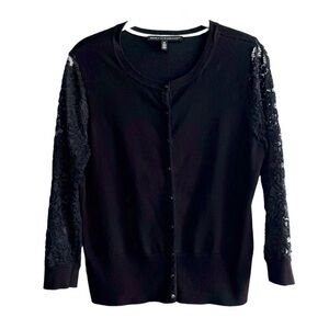 WHBM Lace Sleeve Cardigan Sweater Snap Front Black Size M